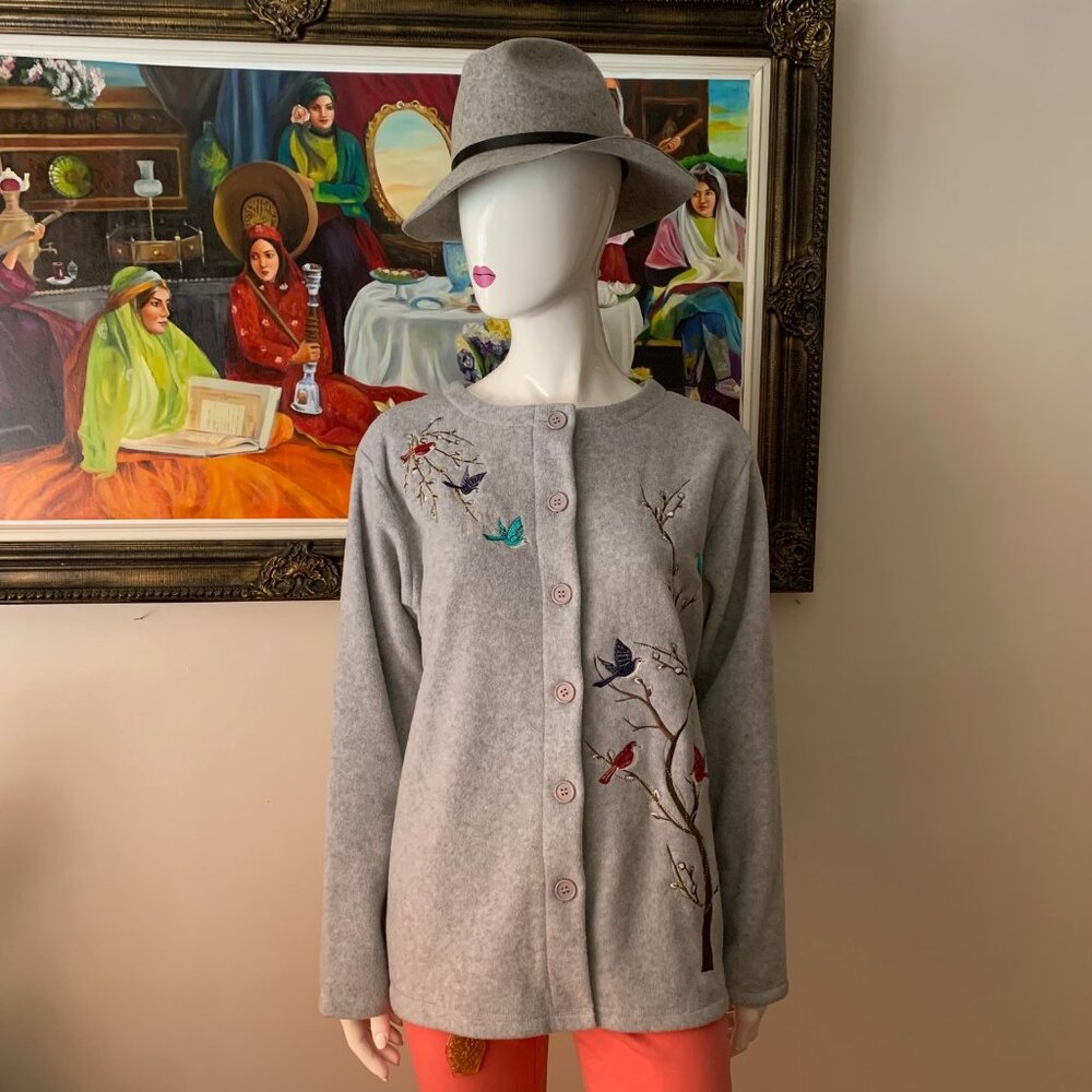 Vintage Embroidered Women's Gray Long Sleeves Button Up Cardigan